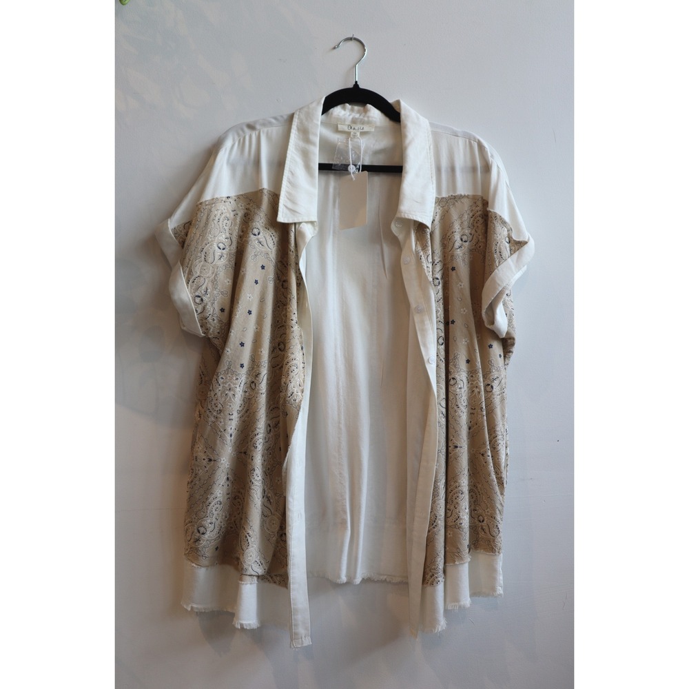 Oli & Hali Cream Tan Paisley Bandana Print Button Down Frayed Hem Shirt Medium